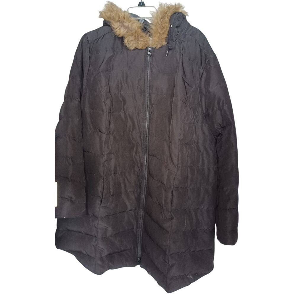 CJ Banks Women's 2X Black Hooded Puffer Coat Faux Fur Trim Down Filled Jacket